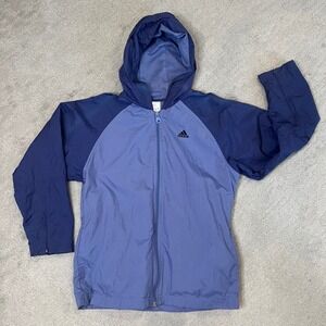 Adidas Windbreaker Jacket Full Zip Hooded Lightweight Blue Kids‎ Size 10/12